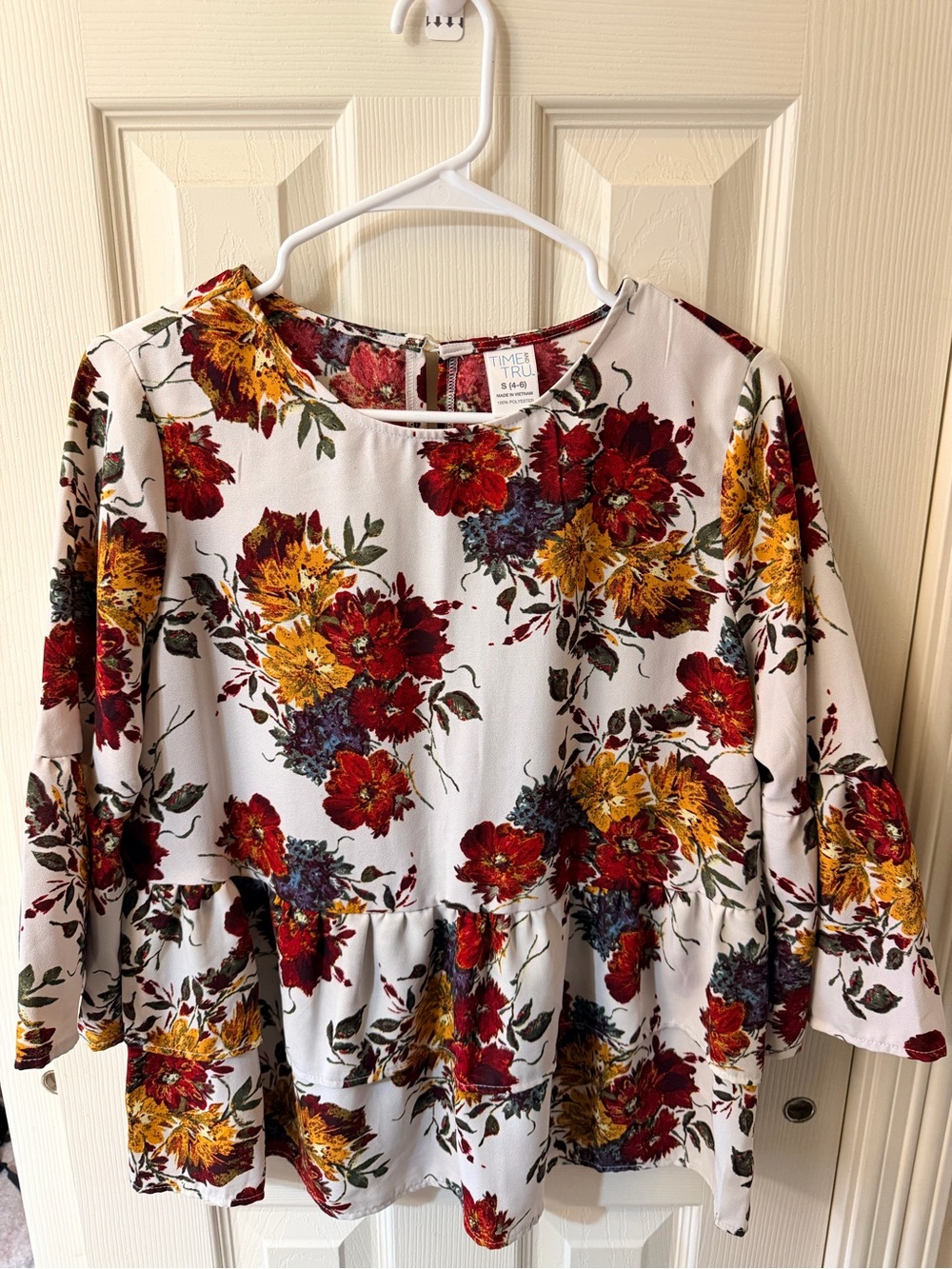 Time and Tru White Floral Peplum Tunic with Red & Mustard Blooms